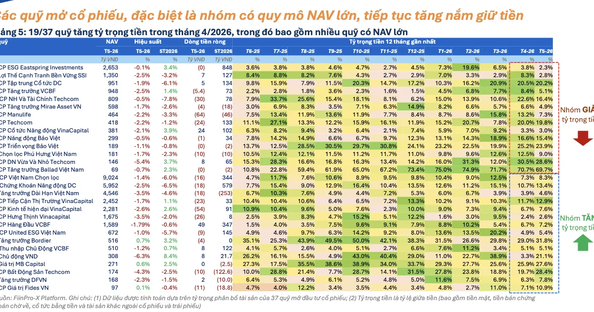 19 quỹ cổ phiếu lớn tăng tỷ trọng tiền mặt: Tín hiệu phòng thủ từ dòng vốn tổ chức