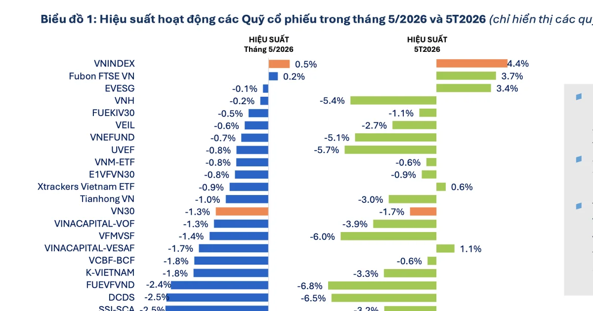 Từ 70 quỹ cổ phiếu hiệu suất âm trong tháng 5/2026: Áp lực phân hóa dòng tiền quỹ đầu tư